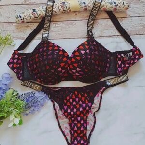 Victoria's Secret Bra Shine Strap Set 38C XL Brazilian Dark Hearts